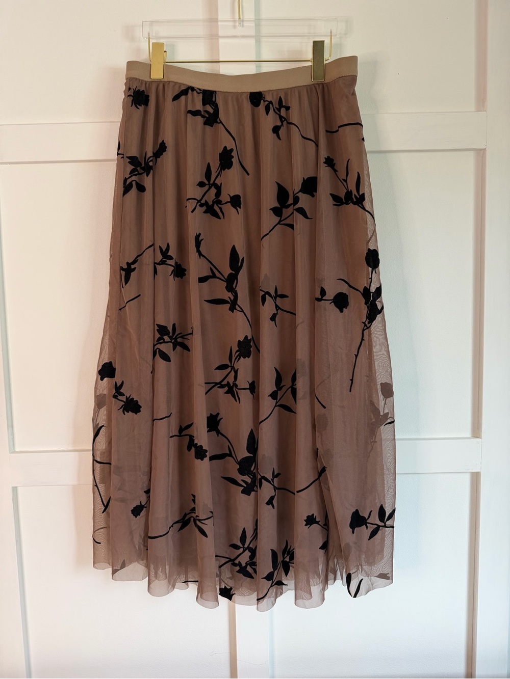 Women’s Floral Mesh Midi Skirt - Taupe with Black Print - 3XL